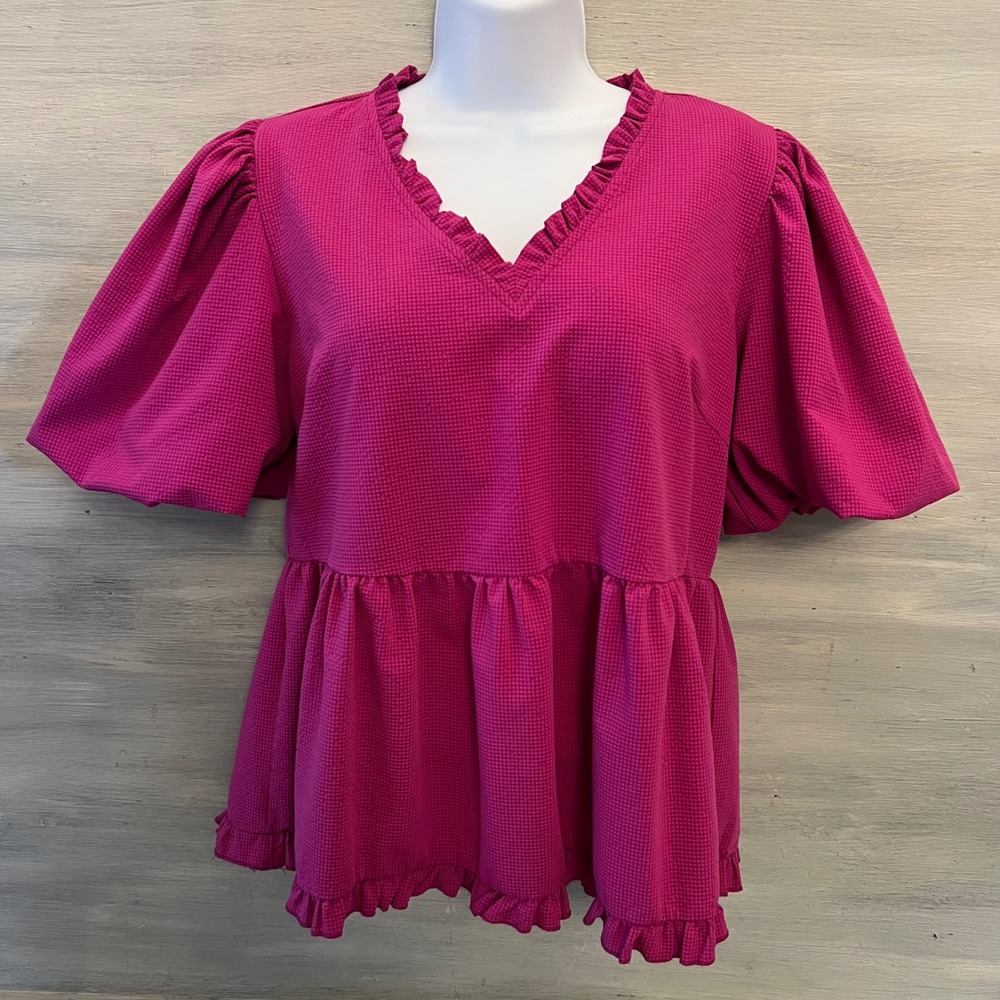 Jodifl Fuchsia Ruffle Vneck Babydoll Peplum Blouse Size Medium Good‎ Condition